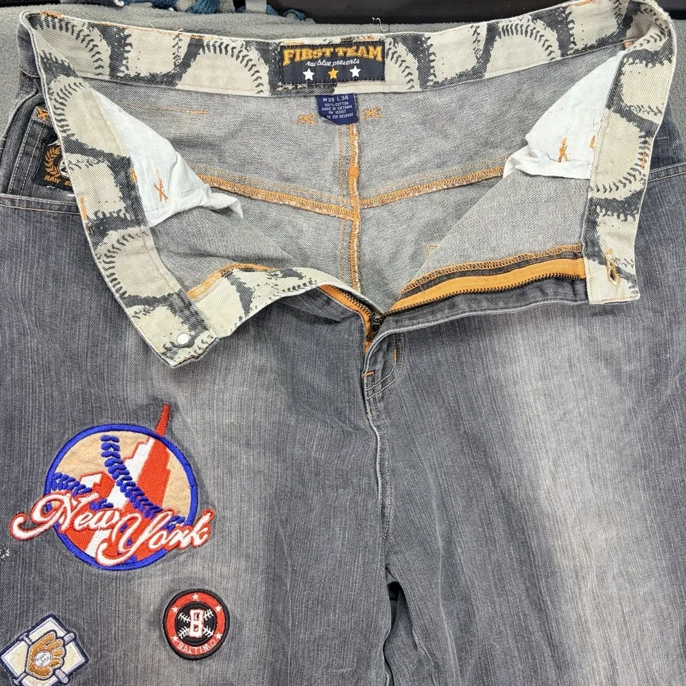 Raw Blue First Team Baggy Jeans 38x34 Blue Vintage Y2K Hip Hop Denim‎